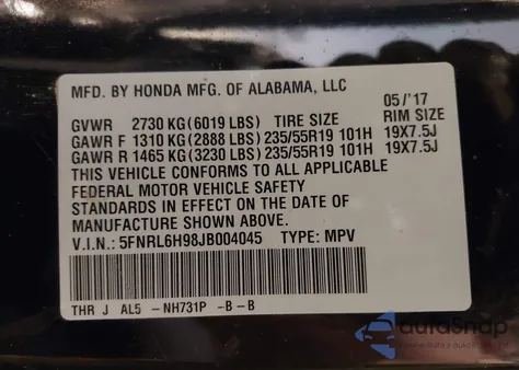 2018 Honda Odyssey Elite from USA, damaged, VIN 5FNRL6H98JB004045
